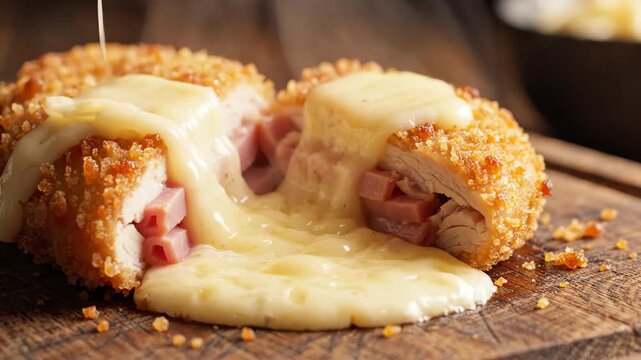 Close up shot of melted swiss cheese and ham oozing from a sliced crispy chicken cordon bleu on a rustic wooden background with steam rising