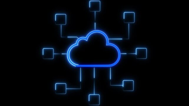 Technology network cloud animation links blue neon clouds to multiple square nodes. Network cloud digital database system illustrates remote server uploads. Cloud animation layout looks modern.