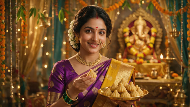 young indian woman wearing traditional sari holding modak plate in front of lord ganesha statue