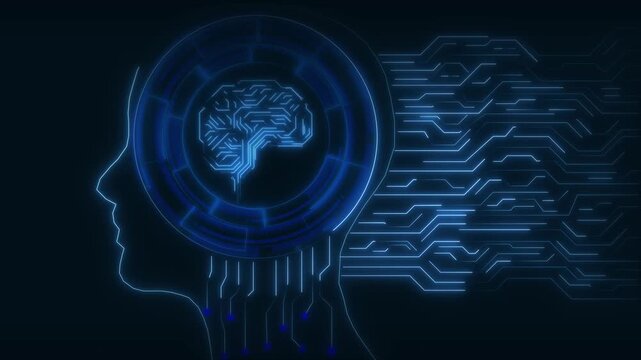 Artificial intelligence head animation displays silhouettes with glowing brain details. Intelligence head circuit pattern provides smart computer processor graphics. Head animation loops cleanly.