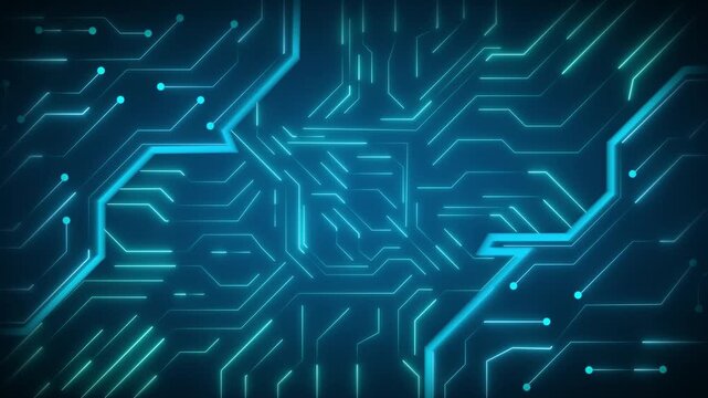 Circuit board technology animation shows detailed blue neon matrices. Board technology abstract texture features intricate microchip routing. Digital animation canvas loops flawlessly.