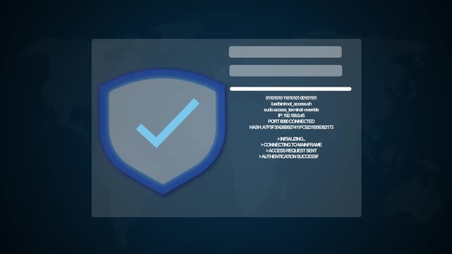 Protection safety shield animation displays command line text logs. Safety shield cyber checkmark indicator ensures secure file protection. Shield animation layout looks highly polished.