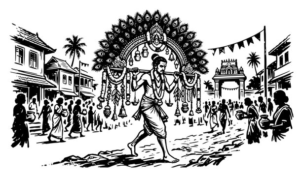 Devotee carrying ceremonial kavadi in traditional festival procession woodcut style