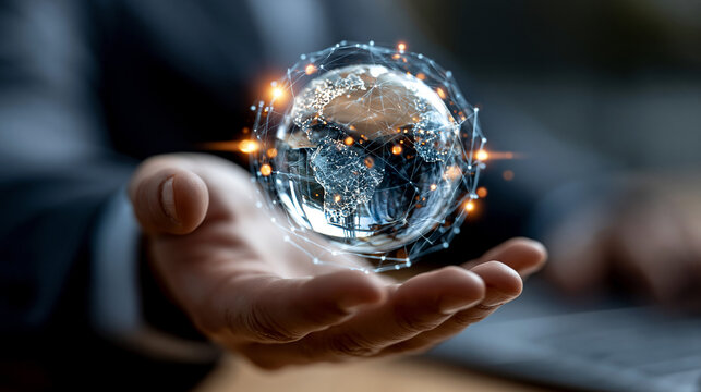 Digital glowing earth globe held in hand representing global connectivity
