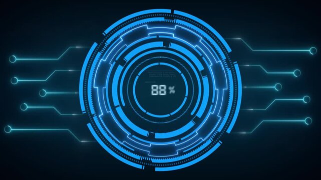 Sci-fi interface HUD animation displays blue circular dials with data streams. Interface HUD loading indicator graphic provides high speed processing logs. HUD animation sequence loops nicely.