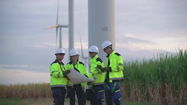 Engineers working on site in wind turbine farm, Wind turbines generate clean energy source, Eco technology for electric, industry environment.