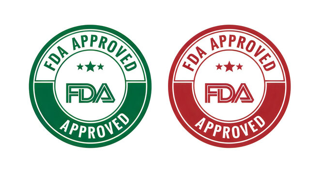 Two green and red circular fda approval seals featuring a white fda logo and the words 'fda approved' in bold, with red stars above the text