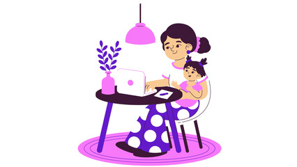 Mother working from home on a laptop while holding her baby daughter on her lap
