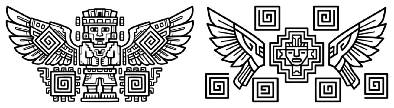 Ancient Inca deity symbols with wings and geometric patterns in linear outline style