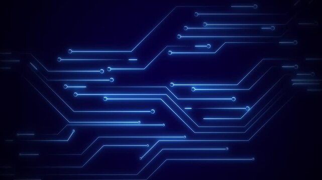 Circuit board background animation displays deep blue neon grid bars. Board background abstract tech design highlights microchip line trails. Background animation loops seamlessly.