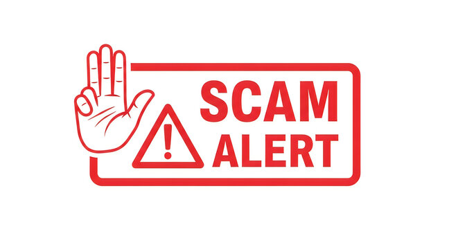 A bright red warning sign with a padlock symbol and the words scam alert written in bold letters, indicating the dangers of fraud and deceptive practices