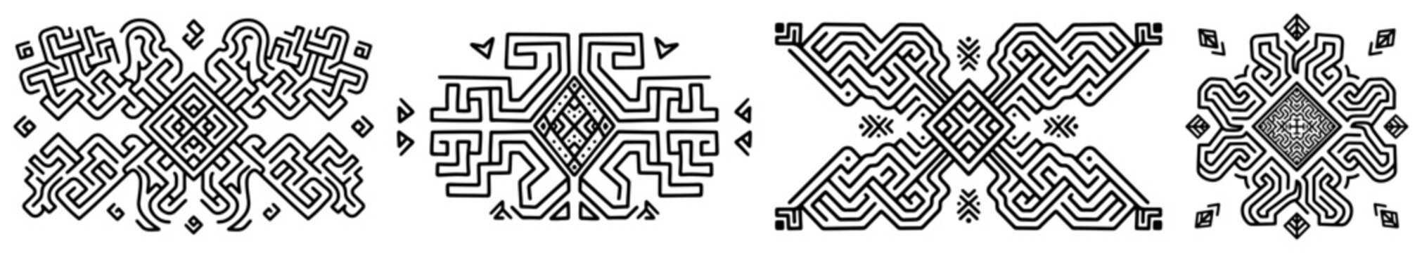 Traditional Shipibo geometric patterns and tribal border ornaments in ethnic line art style
