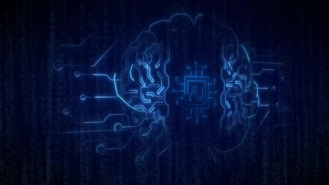 Artificial intelligence chip animation displays blue microprocessors in brains. Intelligence chip circuitry template includes digital binary system text grids. AI chip design looks highly modern.