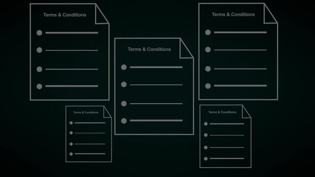 Terms and conditions document animation displays legal text sheets with details. Conditions document agreement form features clean text page layouts on black. Document animation style loops cleanly.
