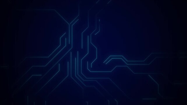 Circuit board technology animation loops cyan neon paths over blue. Board technology digital network graphic illustrates internet proxy nodes. Digital animation backdrop looks crisp.