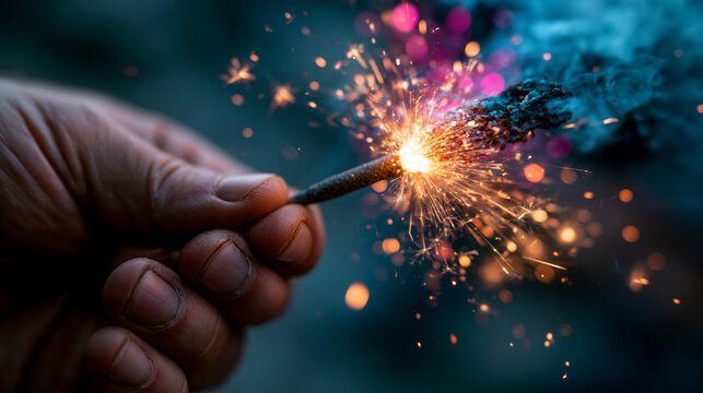 Sparkler firework held by hand in night celebration with sparkler, firework