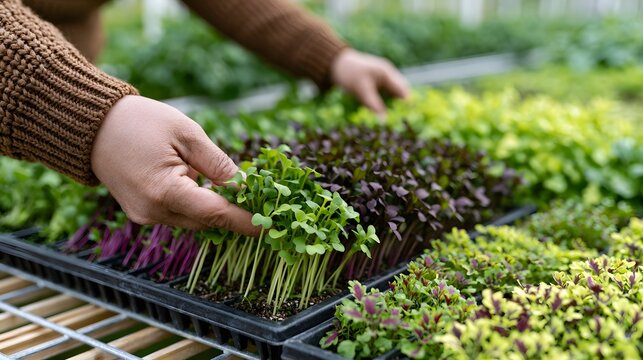 Hands gently handling trays of vibrant microgreens in a bright indoor garden setting with varied leaf colors