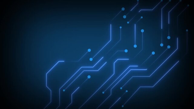 Circuit board technology animation loops blue nodes over dark floors. Board technology data network interface displays clean microchip lanes. Digital animation loop looks polished.