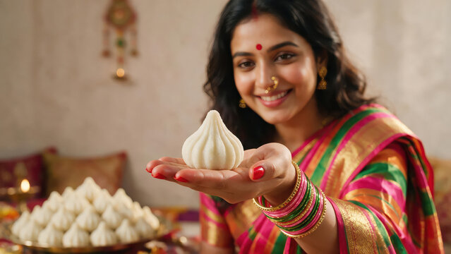 young indian woman wearing traditional sari holding modak plate in front of lord ganesha statue