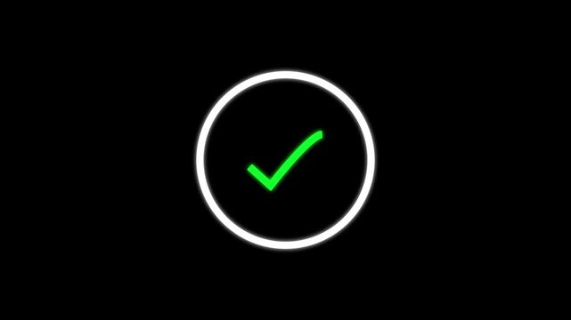 Correct approved validation animation displays green neon check marks. Approved validation confirmation icon boxes loop on pitch black. Validation animation layout looks professional.
