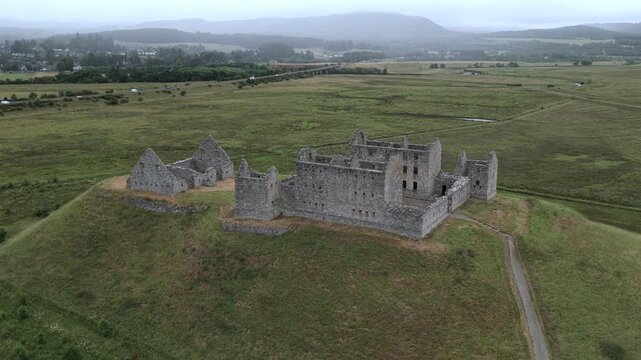 Aerial drone view of Ruthven Barracks near Kingussie, a historic 18th-century fortress in the Scottish Highlands, Scotland.