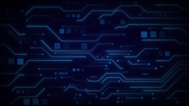 Circuit board technology digital animation loops blue squares over black. Board technology digital interface outlines tech data routing cells. Digital animation looks very clean.