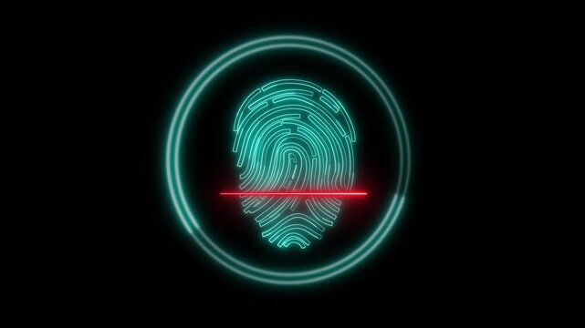 Biometric identification secure access animation loops cyan fingerprints. Identification secure scan line indicator provides cyber key details. Access animation design looks futuristic.