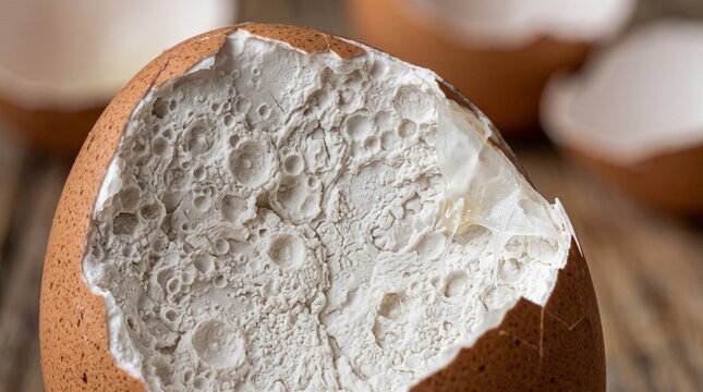 Broken brown eggshell with cratered interior, close up view, macro shot