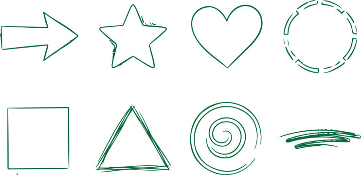 Hand drawn doodle shapes set including arrow star heart circle square triangle spiral scribble for artistic design elements isolated.