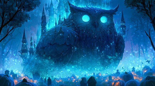 Majestic obsidian castle shaped like giant perched owl, glowing cyan eyes standing amid glowing magical flora featuring soft atmospheric bokeh effect