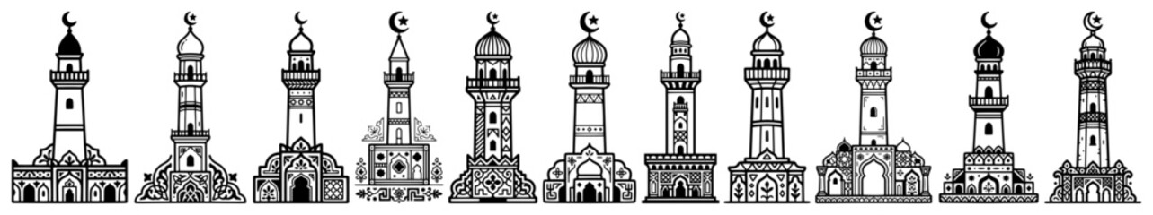 Obraz premium Set of thin line mosque minaret towers with crescent moons and geometric ornaments
