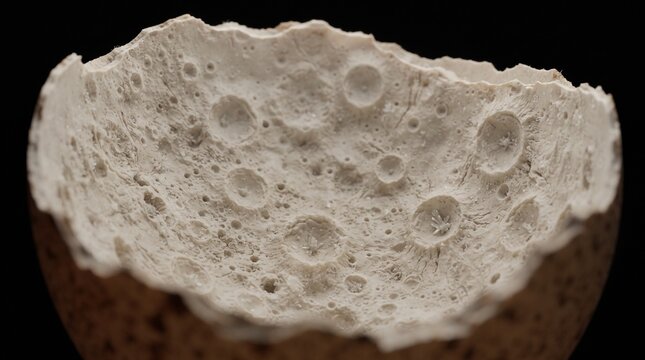 Close up detailed texture of broken eggshell resembling cratered surface of moon landscape