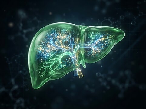 3d medical illustration of a human liver with glowing internal structures and vascular system on a dark background