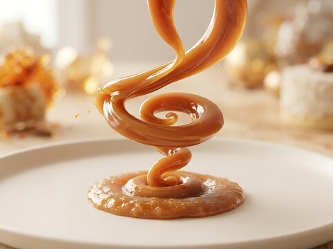 A beautiful swirl of golden caramel sauce pouring onto a plate, creating a smooth and glossy texture with a soft, warm, and elegant aesthetic