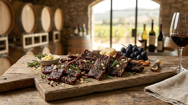 Gourmet beef jerky seasoned with herbs and spices served on a rustic wooden board with cheese and grapes