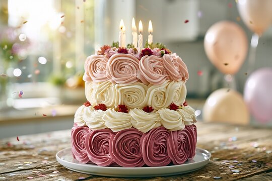 A beautiful two-tiered birthday cake with pink and cream frosting rosettes and lit candles, surrounded by balloons and confetti in a bright kitchen.