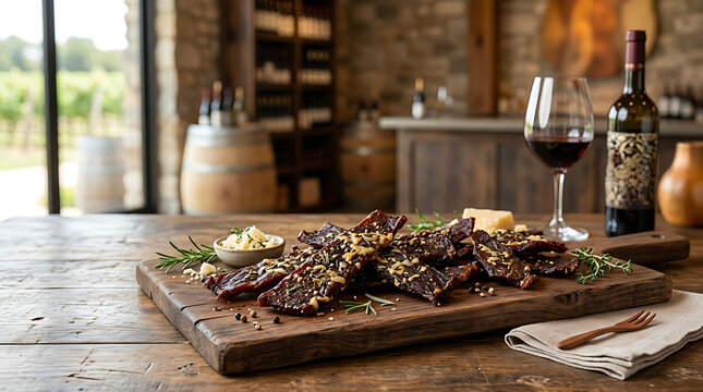 Rustic wooden board showcasing gourmet beef jerky with herbs and spices, served in a wine cellar setting