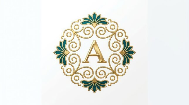 Elegant golden monogram A within ornate floral wreath.