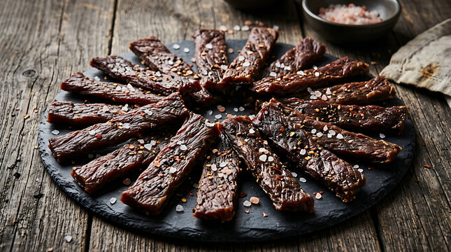 Savory beef jerky strips arranged in a circular pattern on a rustic wooden table, showcasing a gourmet snack.