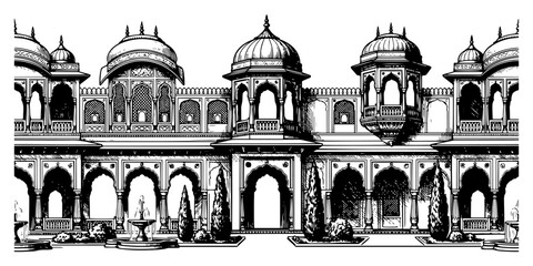 Indian palace architecture with arches and domes in traditional courtyard landscape in engraving style © Anna