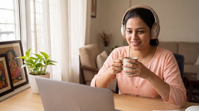 Modern Indian corporate woman attending online tele-therapy session at home office