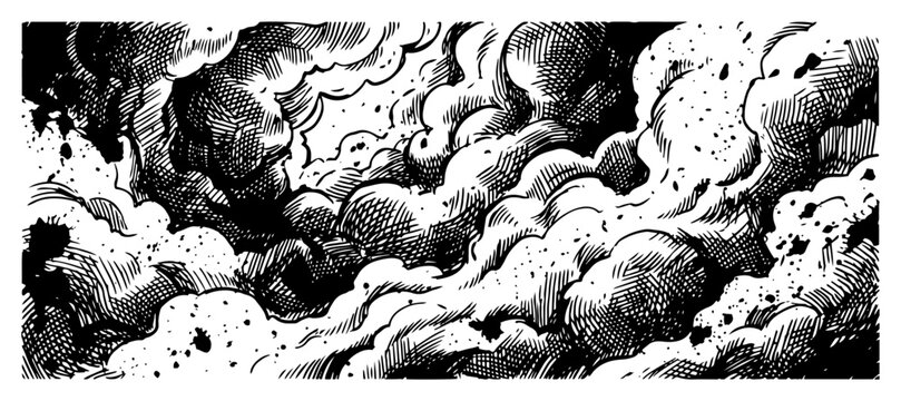 Dramatic storm clouds and smoke plumes in vintage comic engraving style