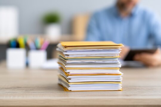 A tall stack of legal documents and files in yellow folders on a wooden desk with a blurred person in the background.