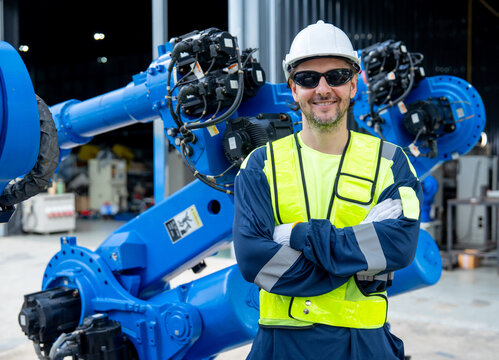 Confident engineer in high-visibility vest and helmet stands proudly beside large blue industrial robotic arm in workshop