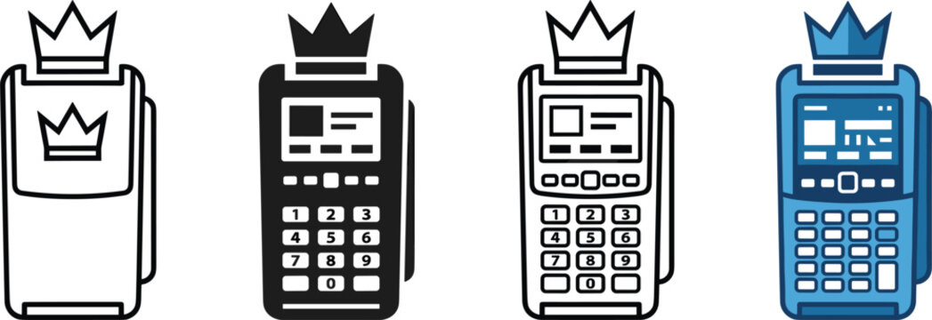 POS terminal payment machine vector icon set with crown design in outline line art silhouette and blue colored variations.eps