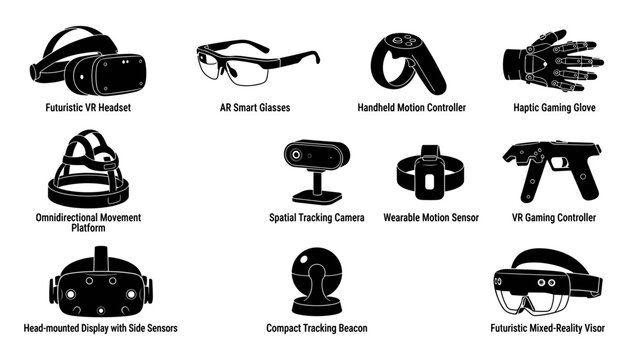Futuristic Vr Headset and Mixed-Reality Accessories in Black Silhouette Design Featuring Vr, Icon, Vector