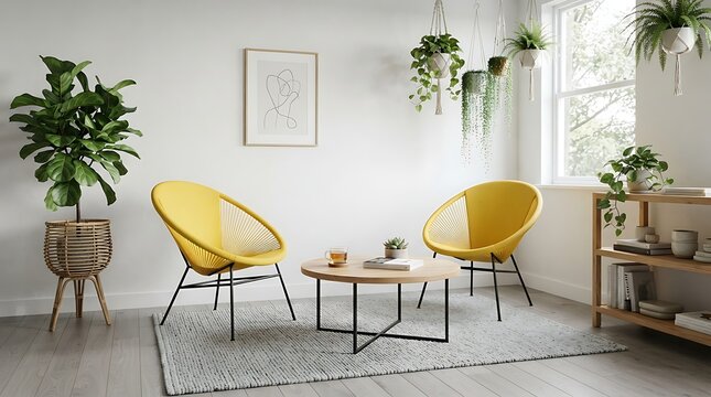 Modern living room interior with two yellow accent chairs, a round wooden coffee table, and various indoor plants in a bright, airy space