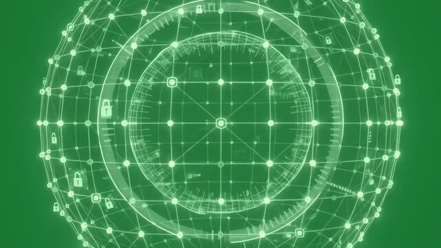 Holographic digital security shield with glowing green grid patterns rotating on a chroma key background for visual effects and compositing