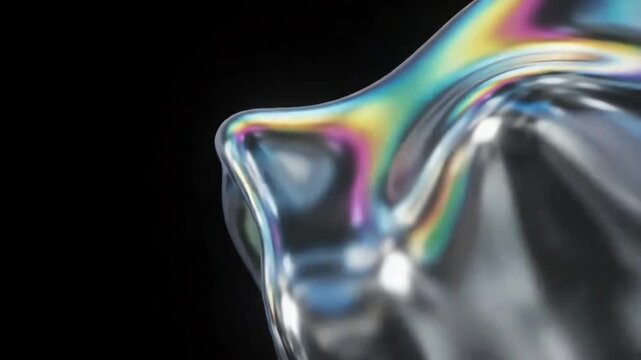 Iridescent holographic metal chrome shape liquid fluid motion rotating on dark black background