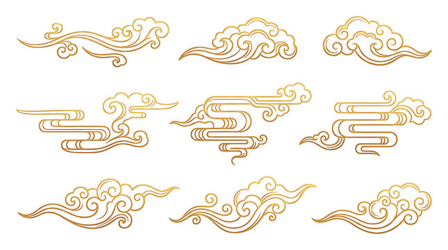 Golden Chinese clouds set PNG with ornate line art swirls, traditional Asian vector patterns isolated on white background for cultural celebration design. Ai Generated